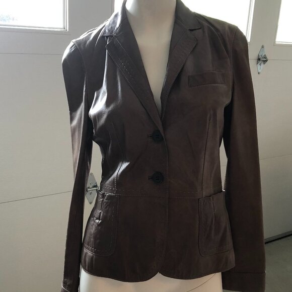 Hugo Boss Lined 2 Button Lamb Leather Blazer Jacket w Pickstitching Brown Sz 8 - Picture 16 of 16